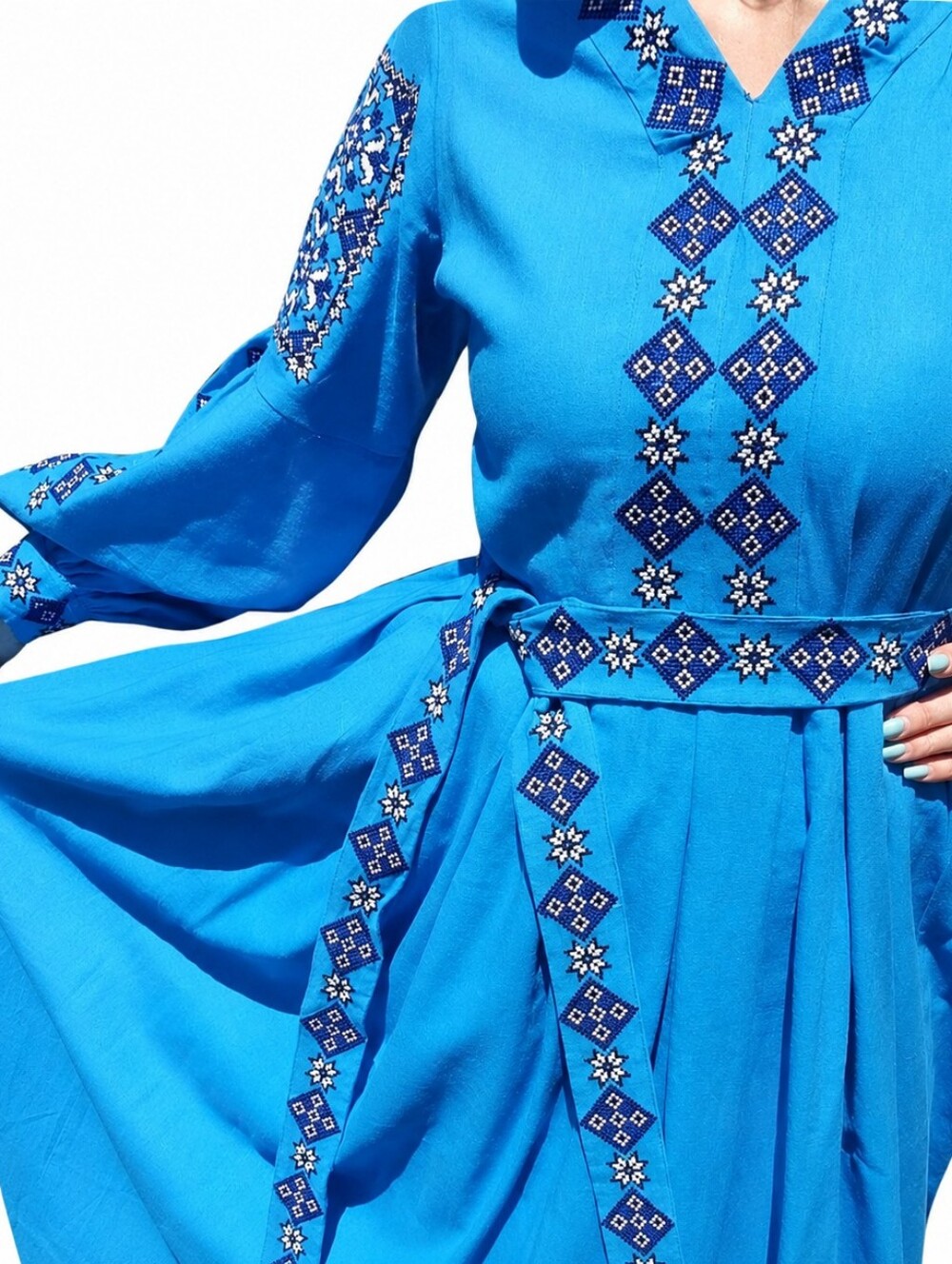 Blue Embroidered Ukrainian Maxi Dress Boho Vyshyvanka